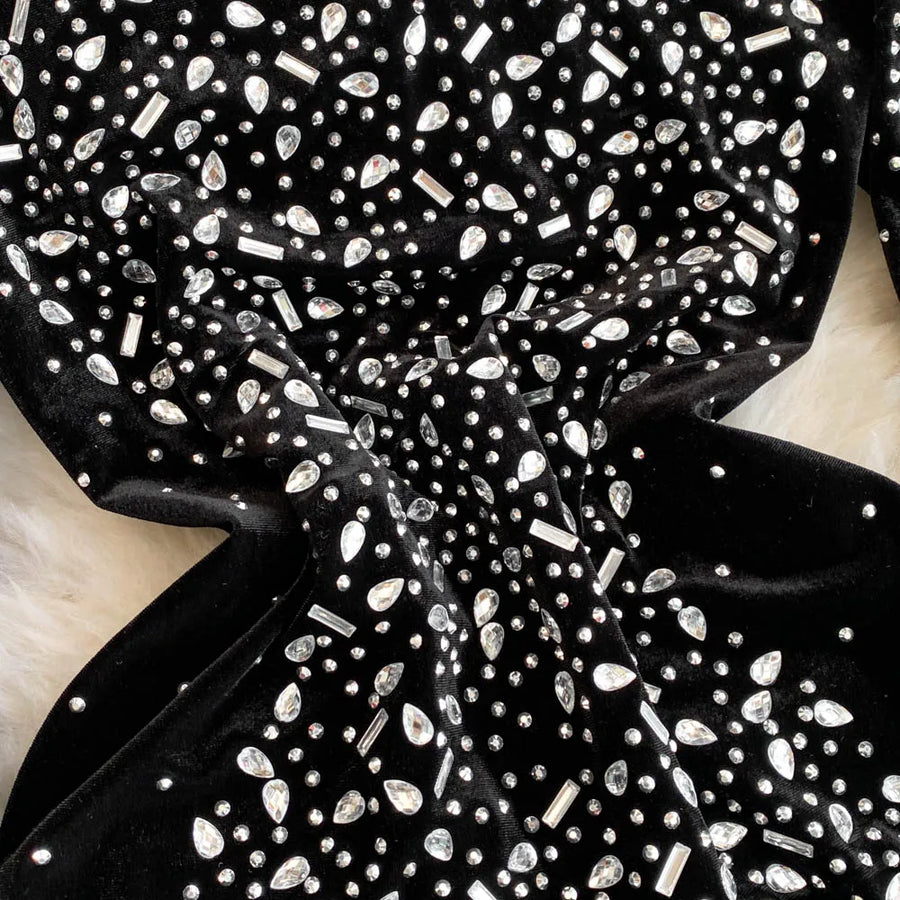 High Quality O Neck Long Sleeve Bodycon Sexy Rhinestones Velvet Vintage Elegant Dresses