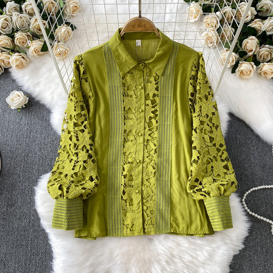 Skirt Sets Women Clothing Temperament Two Piece Set Patchwork Lace Blouses High Waist Hollow Out Long Skirts Suit Summer Outfits