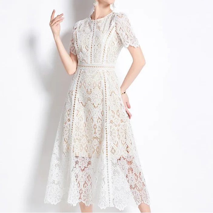TESSCARA Women Summer Elegant White Dress High Quality Wedding Cocktail Party Robe Vintage Hollow Out Designer Lace Vestidos
