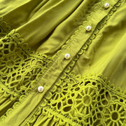 Elegant Long Lantern Sleeve Loose A Line Dress with Lace Patchwork and Pearl Buttons Belt High Quality