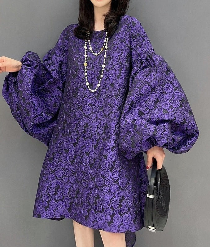 High Quality Oversized Purple Puff Sleeve Purple Elegant Dresses