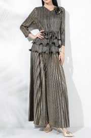 2-piece set of 3D flower pleated niche design lace-up T-shirt + loose elegant wide-leg pants