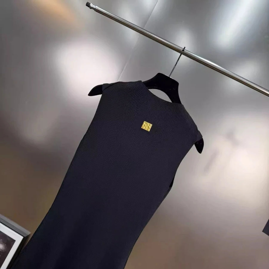 Solid Spliced Hollow Out Long Knitting Dress for Women O Neck Sleeveless High Waist Patchwork Metal Buckle Dresses Female