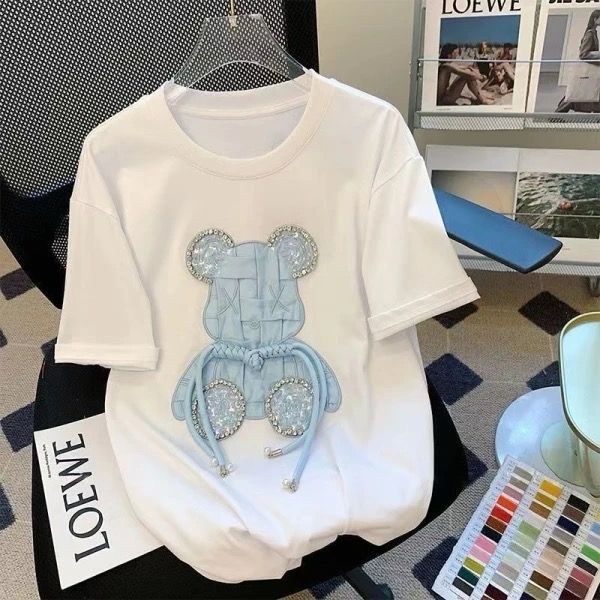 High Quality Cotton Short Sleeve Diamond Bear Embroidery Luxury T-shirts