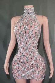 Sheer tight fit short dress with shiny pink sequins and diamonds