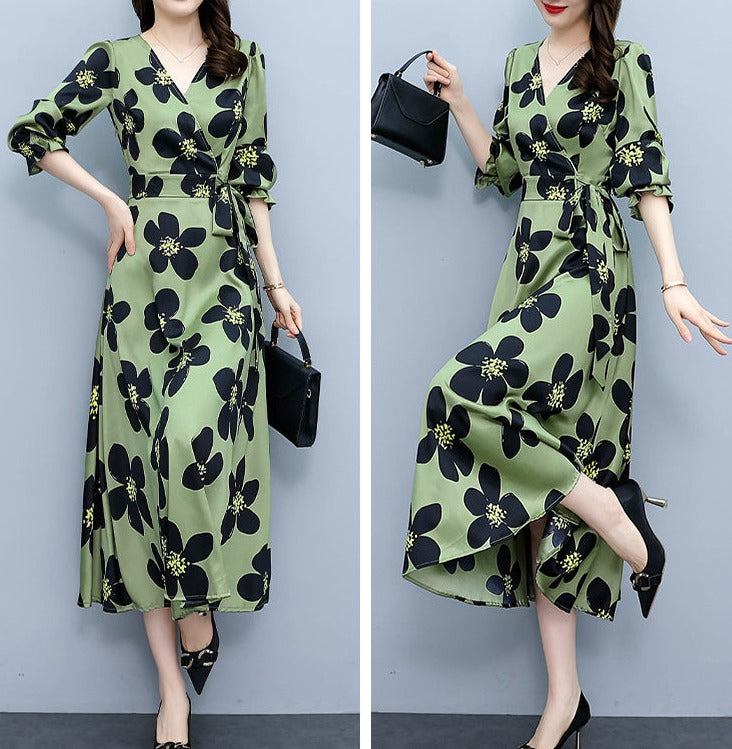 High-quality elegant temperament print long-sleeved dress