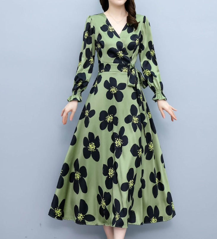 High-quality elegant temperament print long-sleeved dress