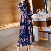 High Quality Ankle-Length Pleated Vintage Print Elegant Maxi Dress