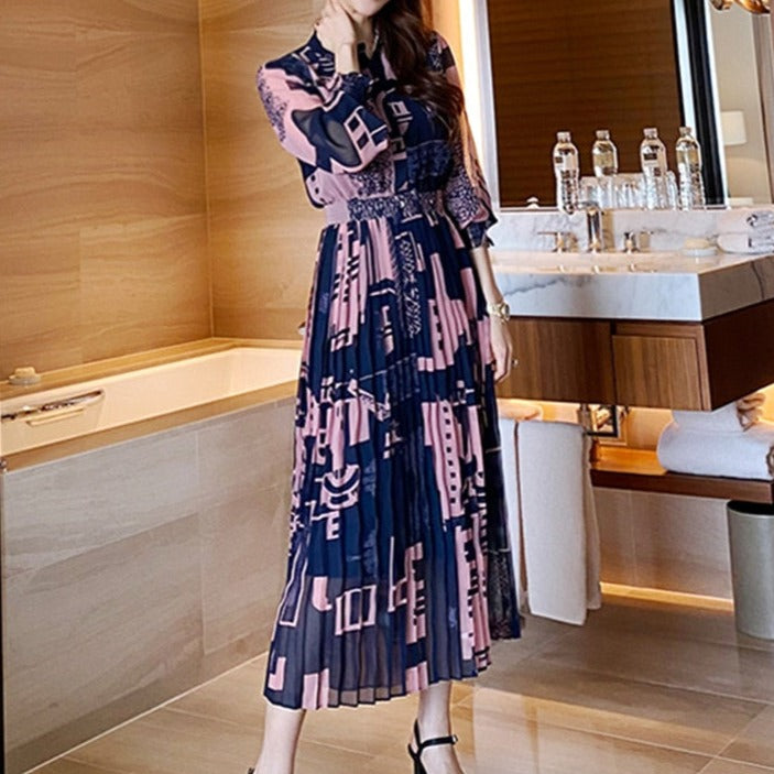 High Quality Ankle-Length Pleated Vintage Print Elegant Maxi Dress