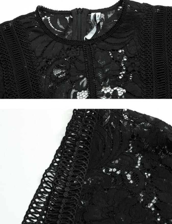 High Quality Hollow Out Midi Elegant Vintage Lace Black Dress