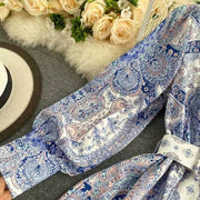 Elegant high-neck print dress with high-quality belt