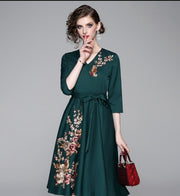 Vintage Designer High Quality V Neck Floral Embroidery Elegant Dress