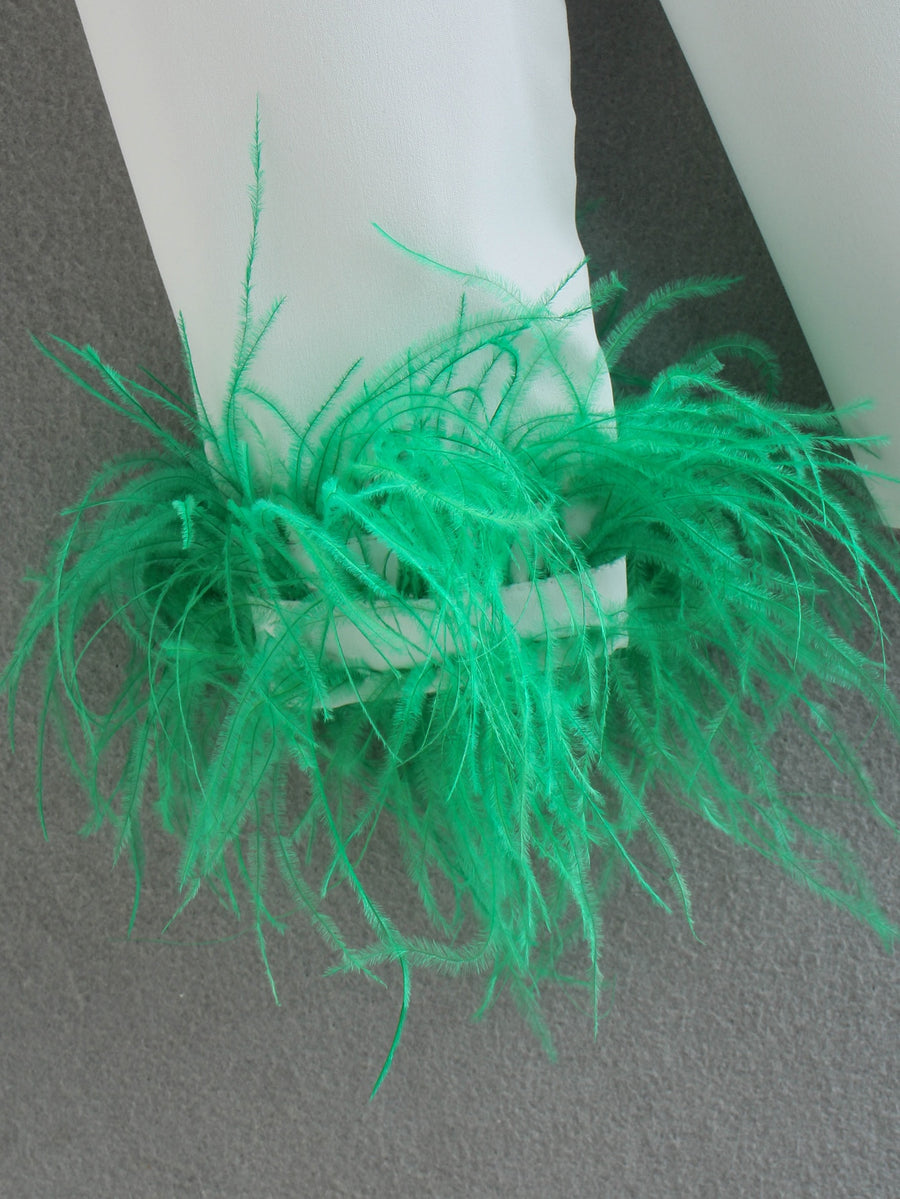 Elegant white long sleeve blouses with feathers on the cuffs