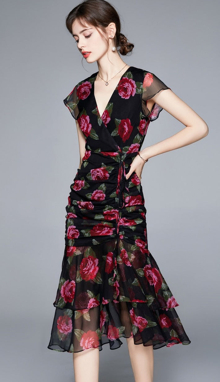 High Quality Vintage Designer V Neck Elegant Floral Dress