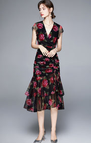 High Quality Vintage Designer V Neck Elegant Floral Dress