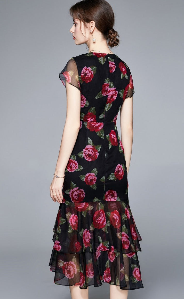 High Quality Vintage Designer V Neck Elegant Floral Dress