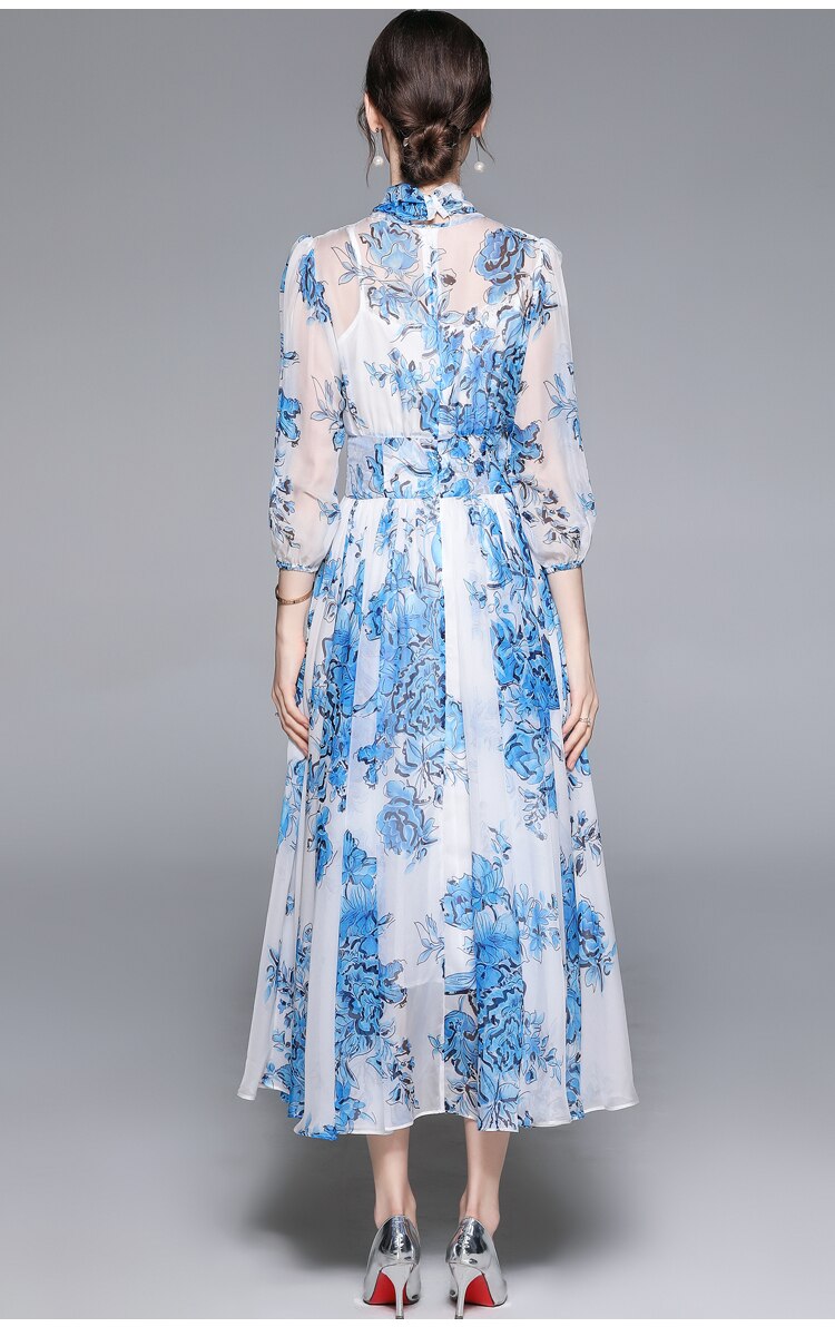High Quality Vintage Designer A-Line Bows Long Elegant Blue Chiffon Dress