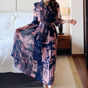 High Quality Ankle-Length Pleated Vintage Print Elegant Maxi Dress