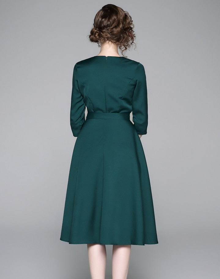Vintage Designer High Quality V Neck Floral Embroidery Elegant Dress