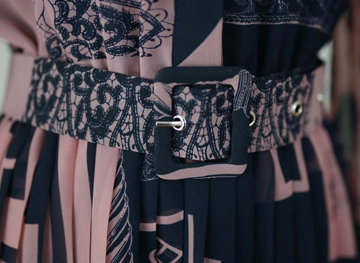 High Quality Ankle-Length Pleated Vintage Print Elegant Maxi Dress