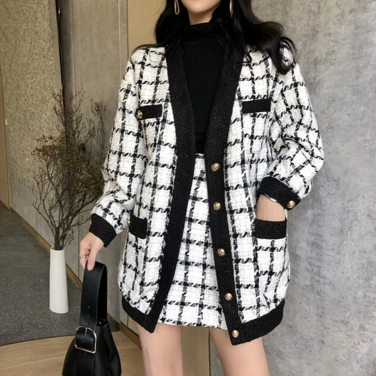 Two Piece Set Long Sleeve Tweed Woolen Jacket, Coat + Woolen Mini Skirt
