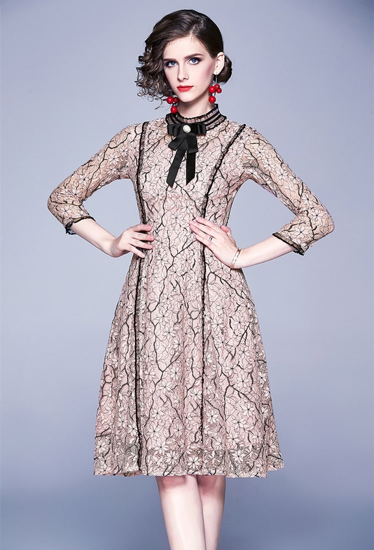 High Quality Vintage Bowknot Sleeves Lace Dress