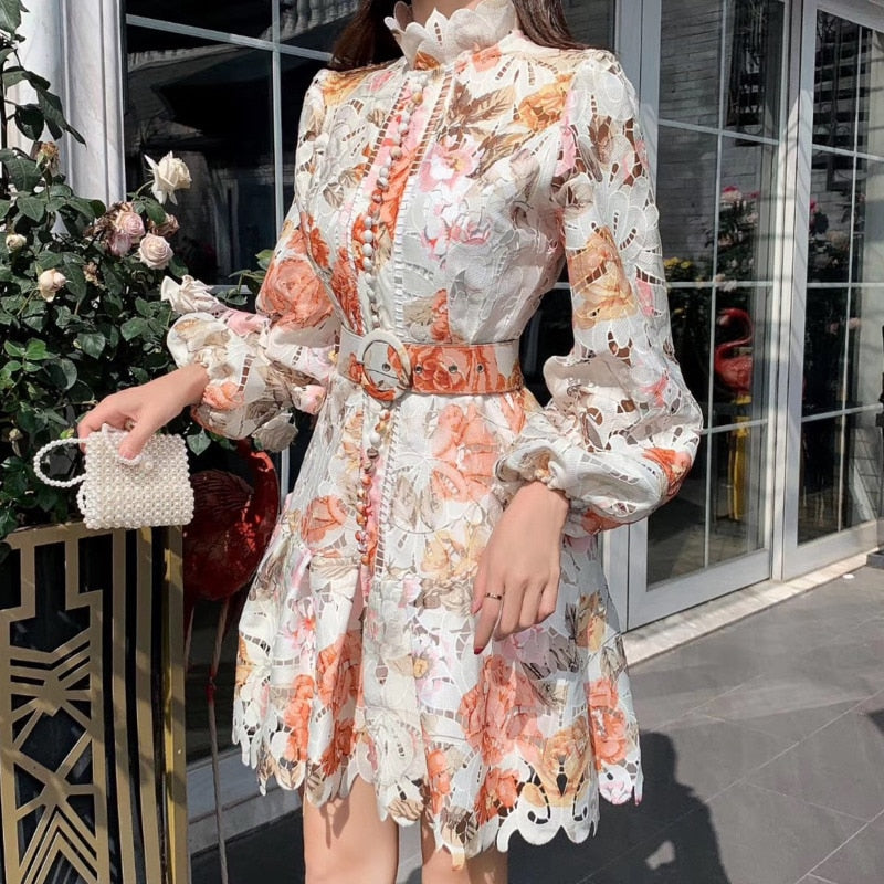 High Quality Long Sleeve Stand Collar Print Floral Dress