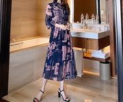 High Quality Ankle-Length Pleated Vintage Print Elegant Maxi Dress