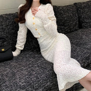2 Piece Set Elegant Lace V Neck Puff Sleeve Crop Tops + High Waist Mermaid Bodycon Skirt