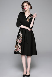 Vintage Designer High Quality V Neck Floral Embroidery Elegant Dress