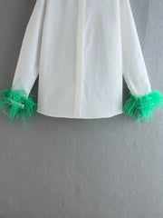Elegant white long sleeve blouses with feathers on the cuffs