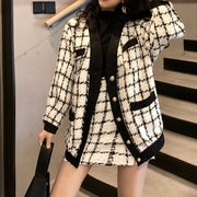 Two Piece Set Long Sleeve Tweed Woolen Jacket, Coat + Woolen Mini Skirt