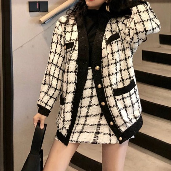 Two Piece Set Long Sleeve Tweed Woolen Jacket, Coat + Woolen Mini Skirt