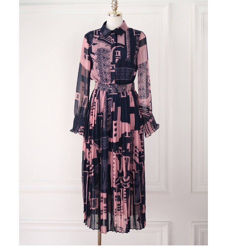 High Quality Ankle-Length Pleated Vintage Print Elegant Maxi Dress
