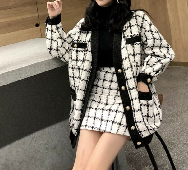 Two Piece Set Long Sleeve Tweed Woolen Jacket, Coat + Woolen Mini Skirt