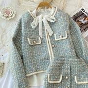 2 Piece Set Elegant Vintage Plaid Tweed Long Sleeve Jackets Coat + Mini A-line Skirts
