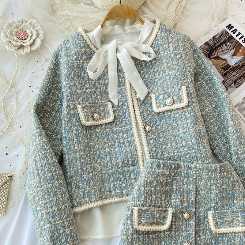 2 Piece Set Elegant Vintage Plaid Tweed Long Sleeve Jackets Coat + Mini A-line Skirts