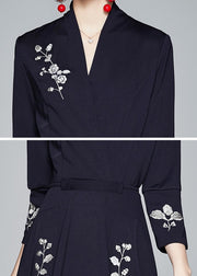 High quality vintage style three quarter sleeve flower embroidery elegant dress