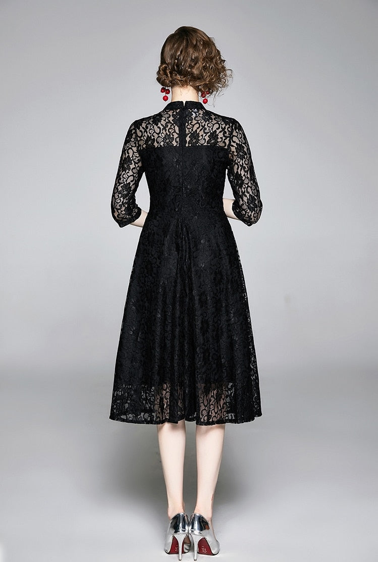 High Quality Red and Black Vintage Designer Elegant Lace Dress