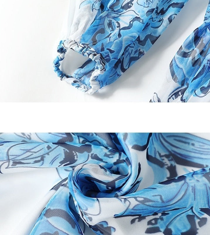 High Quality Vintage Designer A-Line Bows Long Elegant Blue Chiffon Dress