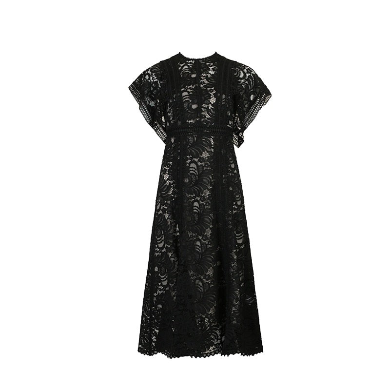High Quality Hollow Out Midi Elegant Vintage Lace Black Dress