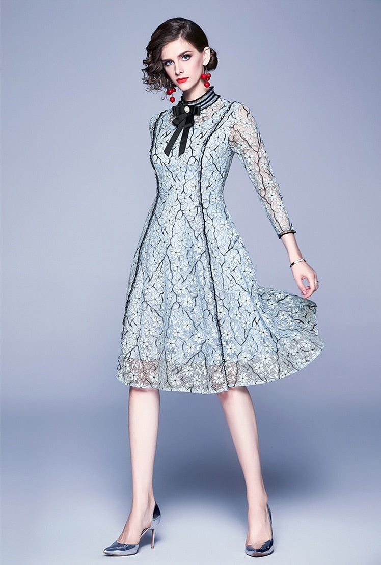 High Quality Vintage Bowknot Sleeves Lace Dress