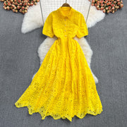 Vintage Elegant Embroidered Hollow Out Midi Dress In Various Colors High Quality