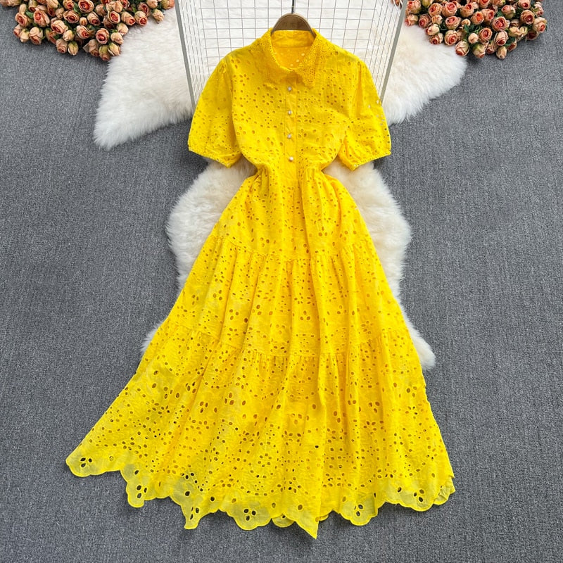 Vintage Elegant Embroidered Hollow Out Midi Dress In Various Colors High Quality