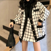 Two Piece Set Long Sleeve Tweed Woolen Jacket, Coat + Woolen Mini Skirt