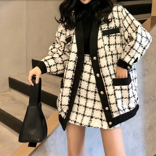Two Piece Set Long Sleeve Tweed Woolen Jacket, Coat + Woolen Mini Skirt
