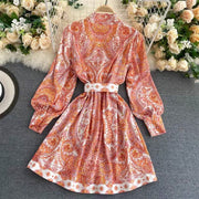 Elegant high-neck print dress with high-quality belt