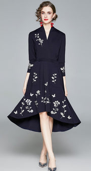 High quality vintage style three quarter sleeve flower embroidery elegant dress
