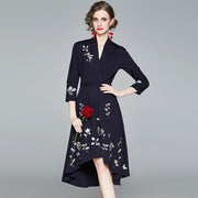 High quality vintage style three quarter sleeve flower embroidery elegant dress