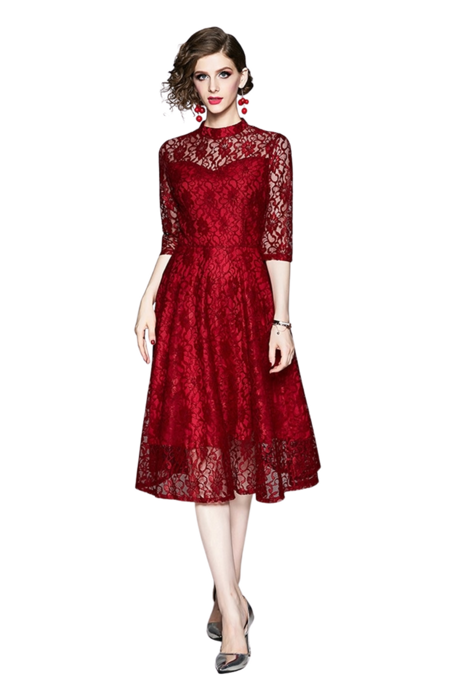 High Quality Red and Black Vintage Designer Elegant Lace Dress
